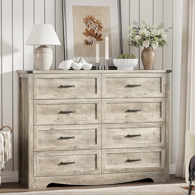 Dresser for Bedroom with 8 Drawers, 48" Wide Wood Chest of Drawers with Deep Drawers & Mental Handle, Modern Dresser TV Stand, Wooden Closet Storage Organizer for Living Room, Hallway, Entryway, Grey