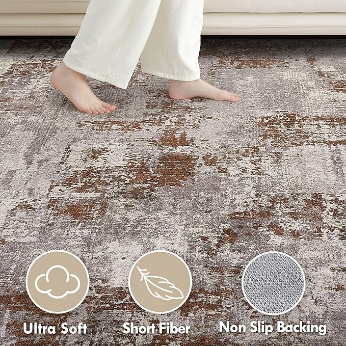 Tortania Washable 9x12 Area Rug for Living Room: Modern Abstract Neutral Large Soft Thin Rugs - Non Slip Indoor Carpet for Bedroom Dining Room Office Nursery Home Floor Decoration - Brown