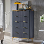 T4TREAM Fluted 5 Drawers Dresser for Bedroom, 48" Tall Modern Dresser Chest of Drawers, Gold Accents, Fluted Fronts, Wood Storage Dressers Organizer for Bedroom, Living Room, Dark Grey