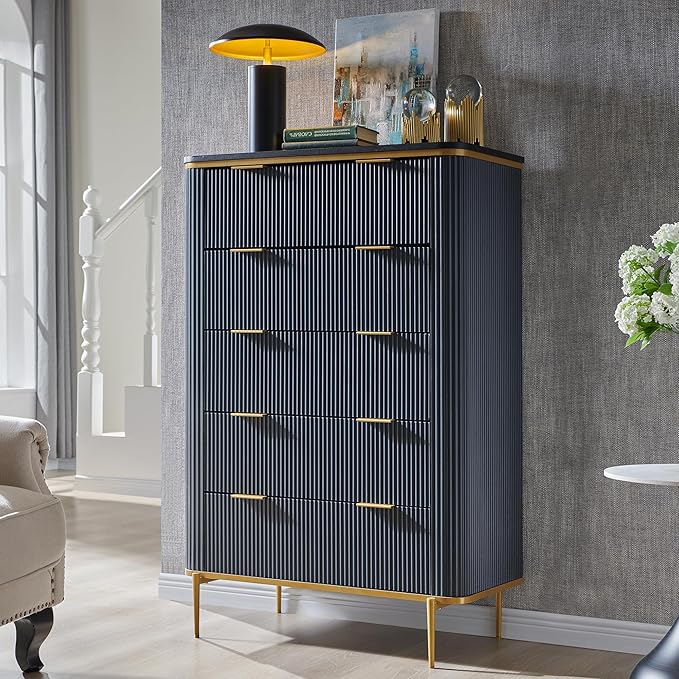 T4TREAM Fluted 5 Drawers Dresser for Bedroom, 48" Tall Modern Dresser Chest of Drawers, Gold Accents, Fluted Fronts, Wood Storage Dressers Organizer for Bedroom, Living Room, Dark Grey