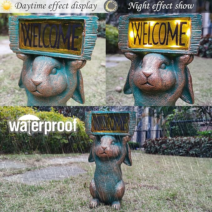 Rabbit Solar Welcome Garden Statues Outdoor Décor-Rabbit Figurines Solar LED Light Lawn Ornaments - Yard Decorations for Patio, Balcony, Backyard -Unique House Warming Gifts for Mom