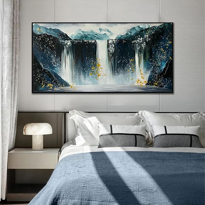 Waterfall Hand Painted Wall Art for Living Room - Mountains Wall Art for Office Decor - Landscape Big Wall Art for Living Room Size 29" x 59"