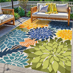 Indoor Outdoor Area Rug Washable Multicolored Patio Rug Tropical Botanical Modern Floral Indoor Outdoor Carpet Non Slip Yellow Green Rug Non Shedding for Patio, Deck, Backyard, Porch (9x12)