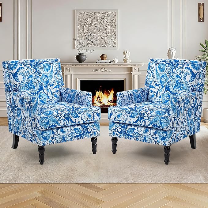 Accent Chair, Modern Comfy Mid-Century Anthropologie Accent Chairs, Linen Upholstered Wingback Lounge Arm Chair with Solid Wood,Single Floral Pattern Chair for Living Room/Balcony/Bedroom