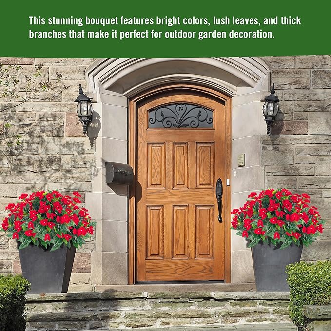 Artificial Impatiens Bouquet Flowers for Outdoors Silk Faux Flowers for Outdoor Impatiens Plants Decor Indoor Planters Kitchen Planters and Balcony Decorations 2PCS (Red)