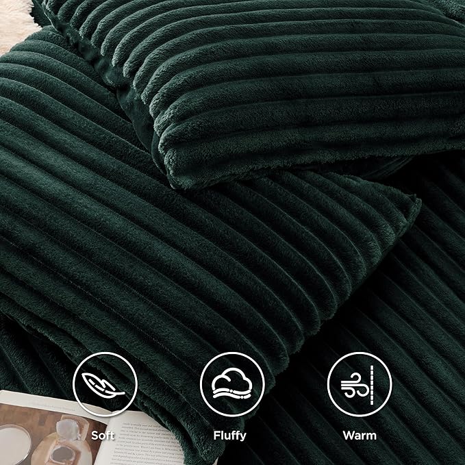 Bedsure Fluffy Duvet Cover Set - Ultra Soft Plush Shaggy Comforter Cover King Size, Warm Flannel Fleece Bed Sets for Winter, 3 Pieces (Striped Pattern, Forest Green)