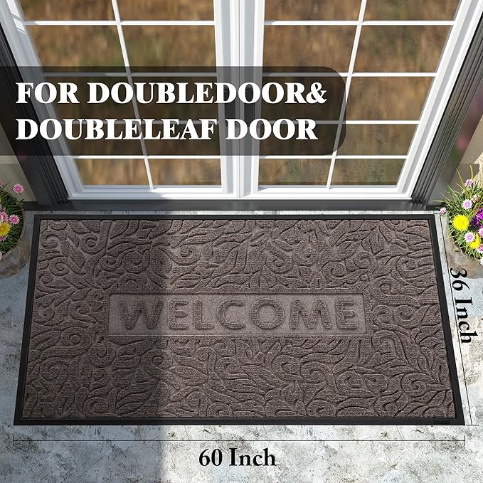 Yimobra Welcome Front Door Mat Outdoor, Heavy Duty Sturdy Non Slip Doormats, Rubber Backing, Low-Profile Entrance Rugs, Absorbent Resist Dirt, Easy Clean Patio Garage Floor Mats, 60X36 Inch, Brown