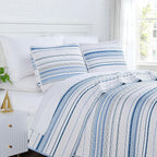 Southshore Fine Living, Inc. Oversized Queen Quilt Set, Striped Blue/White Quilt Bedspread Queen/Full, 3-Piece Coastal Bedding Set with Lightweight Coverlet and Matching Quilted Shams, Blue Stripes