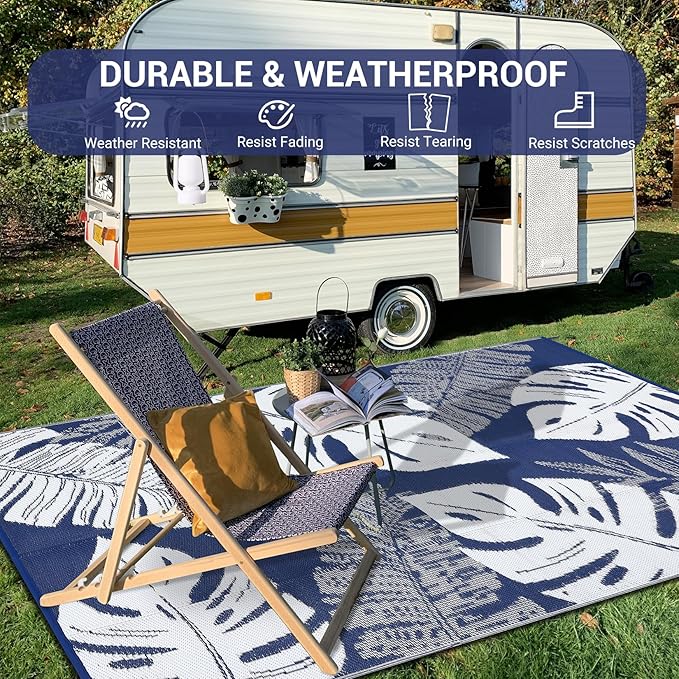 GAOMON Waterproof Plastic Straw Rug 9x12 Outdoor Patio Rugs, Reversible Modern Camping Mat with Bag & Stakes, UV Resistant & Easy to Clean Outdoor Carpet for RV, Deck, Balcony, Blue