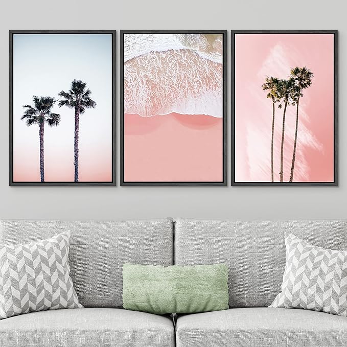 SIGNWIN 3 Piece Framed Canvas Wall Art Palm Tree in The Pink Beach Canvas Prints Home Artwork Decoration for Living Room,Bedroom - 16"x24"x3 Black