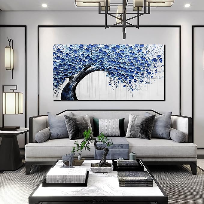 Large Wall Art for Living Room Bedroom Home Office Blue Tree of Life Wall Art Floral Picture Framed Wall Decor Modern Canvas Prints 24x48 In