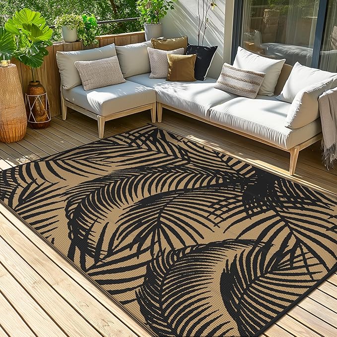 GENIMO Outdoor Rug 5' x 8' Waterproof for Patio Clearance, Reversible Plastic Straw Camping Carpet, Lightweight Mats for Rv, Backyard, Deck, Porch, Picnic, Beach, Balcony, Black & Brown