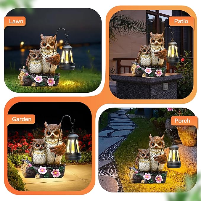 Json Garden Owls Statue with Solar LED Lantern, Loving Owls Family Embrace, Gifts for Mom Yard Art, Whimsical Figurine Large Sculpture Lighted Outdoor Mother's Day Spring Decorations for Lawn, Porch