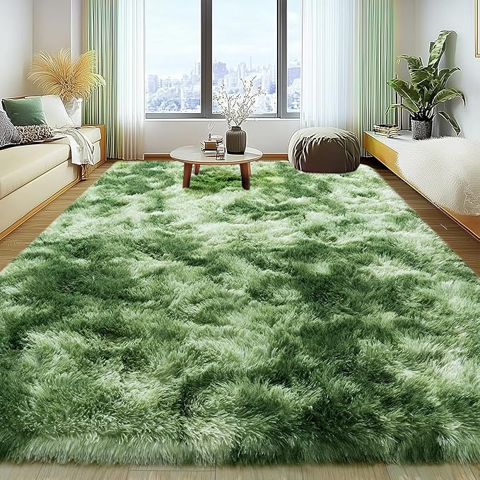 Large 8x10 Area Rugs for Living Room, Tie-Dyed Green Soft Shag Rug for Bedroom, Non-Slip Ultra Fluffy Rug, Modern Plush Carpet for Girls Boys Kids Room Dorm, Fuzzy Rug for Home Decor Aesthetic