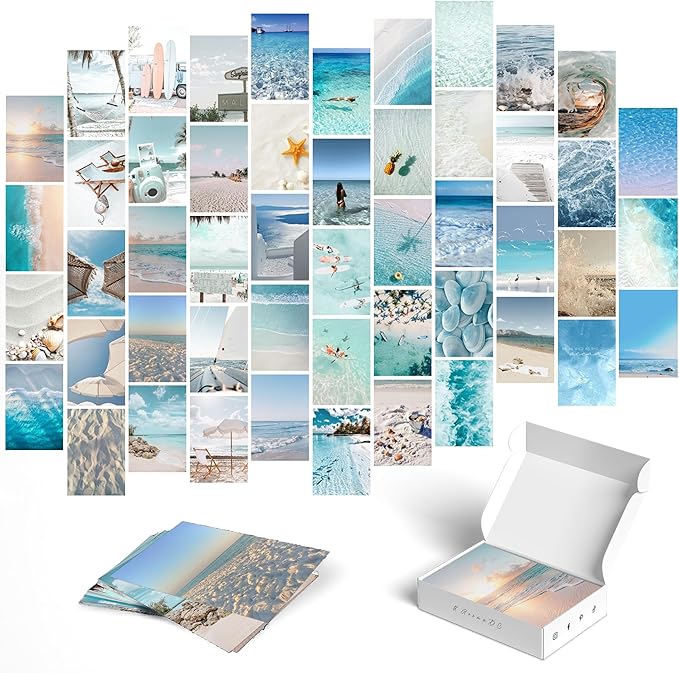 Y2K BOO Beach Blue Aesthetic Wall Collage Kit - 50 Dreamy Beach Scenes and Blue Aesthetic Photos for Teen Room Decor, Perfect Wall Art for Beachy Spaces, Ideal for Teens and College Dorms