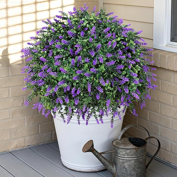 HyeFlora 2 Pack Artificial Topiary Boxwood Ball Trees with Lavender Fake Plants for Outdoor Indoor Artificial Shrubs with Ground Spike UV Resistant Fake Bushes for Front Porch Garden (Purple)