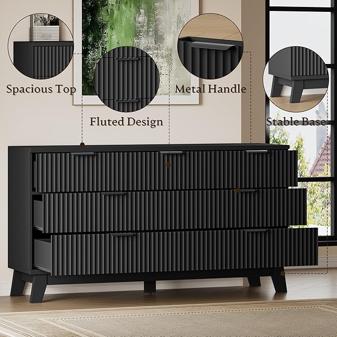 57" Long Dresser for Bedroom, 7-Drawer Fluted Chest, Wide Wood Storage Dresser with Metal Slides and Handles, Stable Base, Modern Clothes Organizer for Primary Suite, Guest Room, Nursery