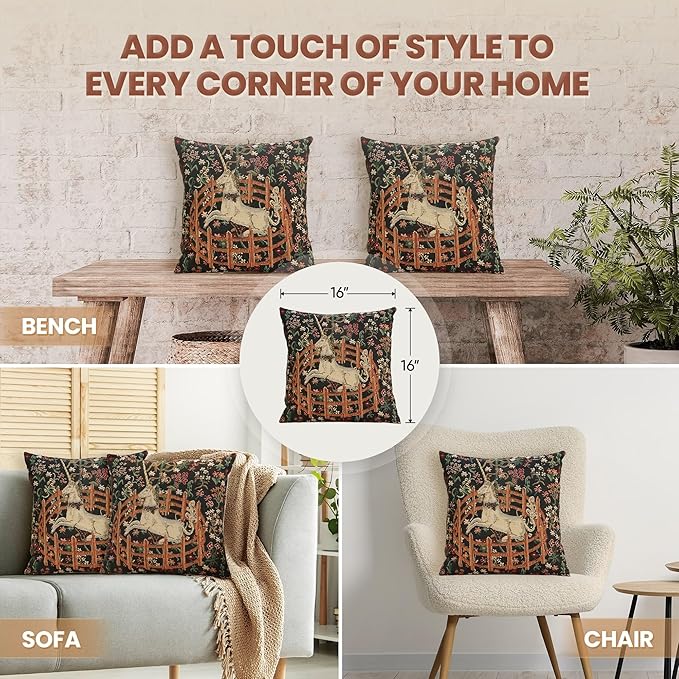 Charlotte Home Furnishings Couch Pillow Covers 16X16 in, Unicorn Decorative Throw Pillow Covers, Belgian Square Tapestry Cushion Case, Living Room Bed Sofa Home Decor, Soft Cotton Jacquard Woven