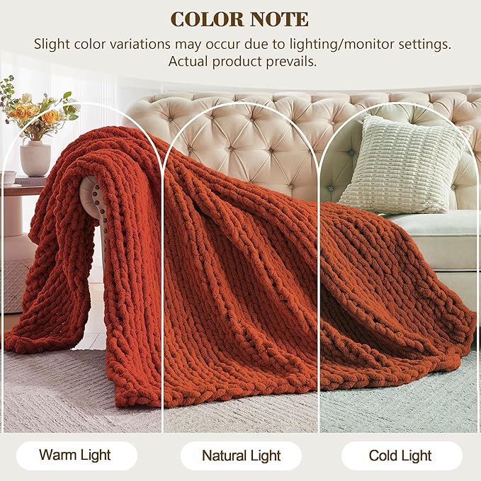 Carriediosa Chunky Knit Throw Blanket 50" X 60", 100% Hand Made Large Chenille Loop Yarn Soft Fluffy Throws for Couch Sofa Bed, Big Crochet Cozy Heavy Thick Cable Woven Blankets, Rust