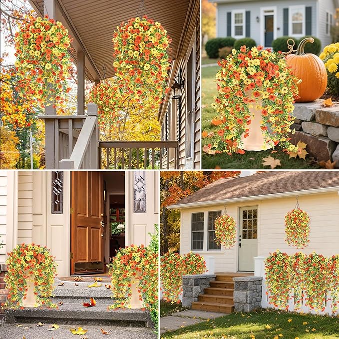 6 Bundles Artificial Fall Flowers for Outdoors Fake Plants Garden Home Fall Decor,UV Resistant Realistic Silk Faux Autumn Flower Indoor Outside Front Porch Patio Balcony Yard Farmhouse(Orange)