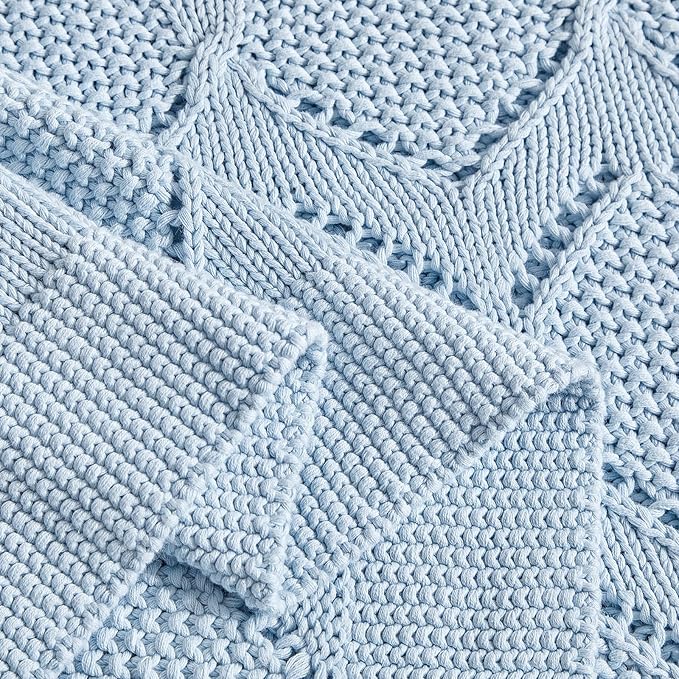 Longhui bedding Chunky Cotton Knit Throw Blanket for Couch, Sofa, Bed, or Chair, Decorative Breathable Fall Cable Knit Blanket 51 x 63 Inches, Light Blue