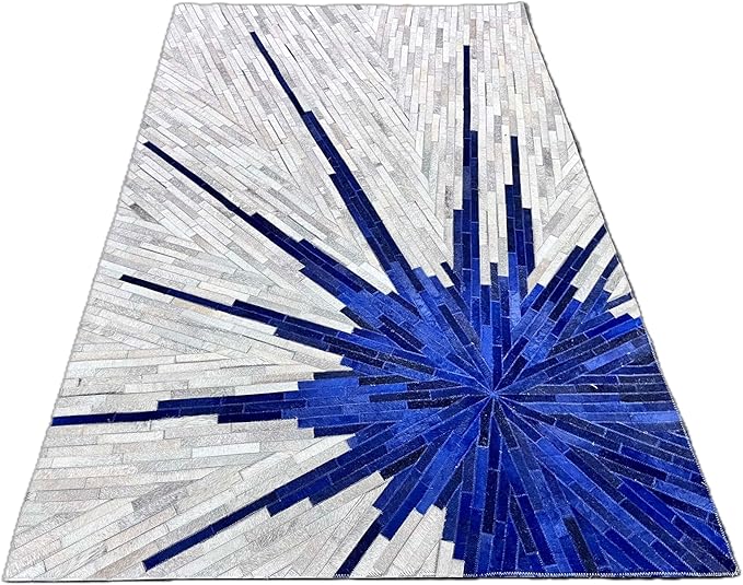 Faux Cowhide Area Rug | Radiating Starburst Pattern Non-Slip Leather Carpet for Western, Farmhouse & Modern Home Décor – Living Room, Bedroom & Office Accent(Blue&Grey_3x12)