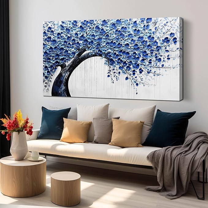 Large Wall Art for Living Room Bedroom Home Office Blue Tree of Life Wall Art Floral Picture Framed Wall Decor Modern Canvas Prints 29x59 In