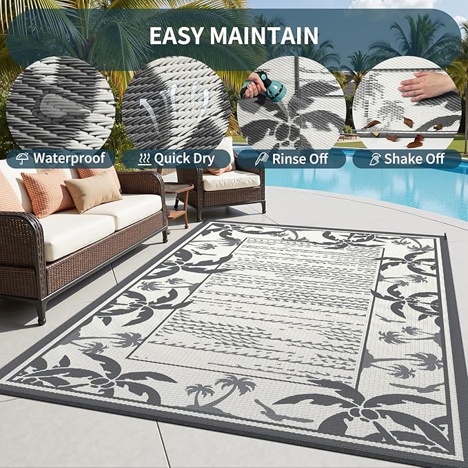 COCOER Outdoor-Rug 9x12 ft Waterproof Outdoor Plastic Straw Rug Reversible RV Indoor Outdoor Carpet Quick Dry Patio Rug Camping Mat for Balcony Backyard Picnic Beach-Grey&Beige