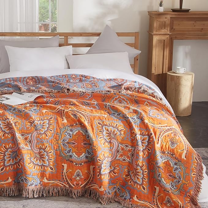 Boho Throw Blanket for Couch Sofa Bed, 100% Cotton Woven Quilt with Tassel 60”x80”, Super Soft Muslin Blanket with Oriental Universe Printed, Decorative Reversible Bed Blanket/Cover for All Seasons