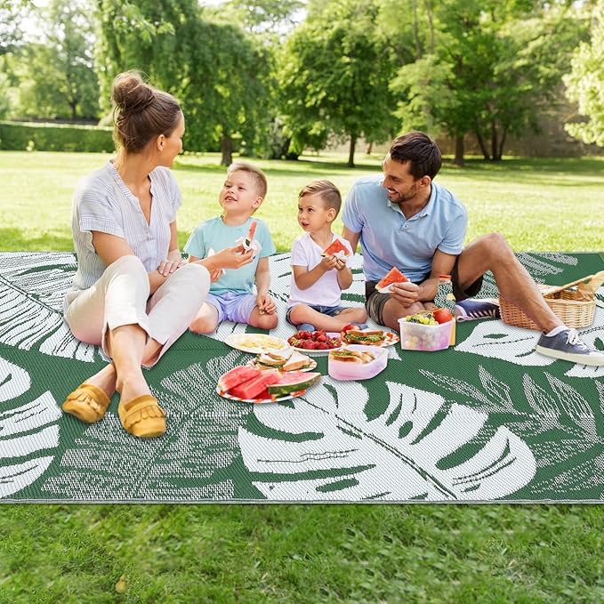 GAOMON Outdoor Rugs 9x18 Waterproof Patio Rug Outdoor Plastic Straw Rug Reversible Camping Mat, Portable RV Picnic Carpet with Bag & 4 Stakes, UV Resistant Outside Carpet for Deck Balcony, Green