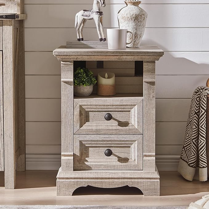 Farmhouse Nightstand with Charging Station, 18" End Table with 2 Drawers Storage and 1 Storage Shelf, Wooden Side Table w/Roman Column, Bedside Cabinet for Bedroom, Living Room, Light Rustic Oak