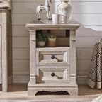 Farmhouse Nightstand with Charging Station, 18" End Table with 2 Drawers Storage and 1 Storage Shelf, Wooden Side Table w/Roman Column, Bedside Cabinet for Bedroom, Living Room, Light Rustic Oak