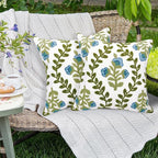 Alysheer Floral Embroidered Summer Decorative Throw Pillow Covers 20"x 20" Set of 2, Farmhouse Cottage Blue Flowers Green Leaves Knit Pattern Cotton Canvas Cushion Case for Couch Bed Living Room