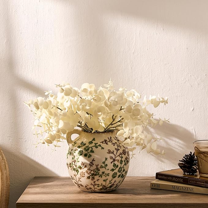 Green and Beige Antique Vase, 5.6 Inch Vintage Chinoiserie Floral Vase, Rustic Ceramic Vase for Home Decor, Living Room, Bookshelf, Office, Entryway, Garden, Chinoiserie Decor, Tuscan Decor