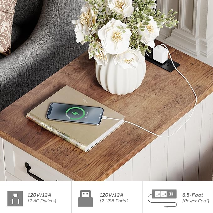 WAMPAT 2 Pack Off White End Table with Charging Station, Wood Side Sofa Table with Drawer and Storage Cabinet, Modern Nightstand with Power Outlets & USB Ports for Living Room, Bedroom