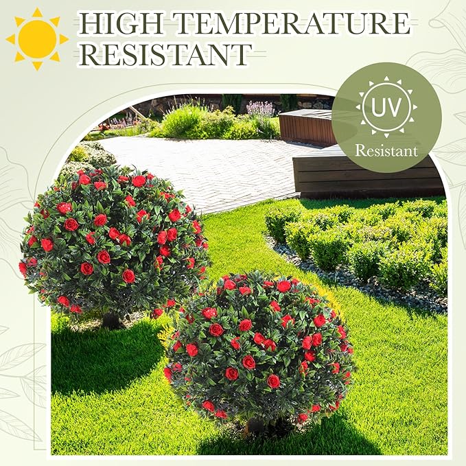 Yunlly Set of 2 Artificial Boxwood Topiary Ball Tree Fake Bushes Shrubs Outdoor Faux Plant with Ground Spike Flowers UV Resistance Greenery for Front Porch Garden Patio Indoor(Red,18x10inch)