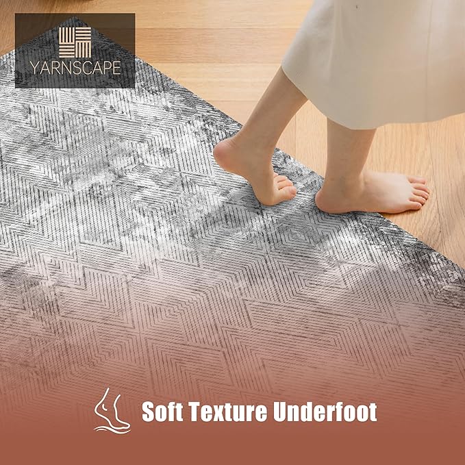 5' x 7' Washable Area Rug - Low Pile Soft Vintage Indoor Rug for Living, Dining or Bedroom - Lightweight Carpet with Non-Slip Backing - Foldable for Easy Placement, Grey