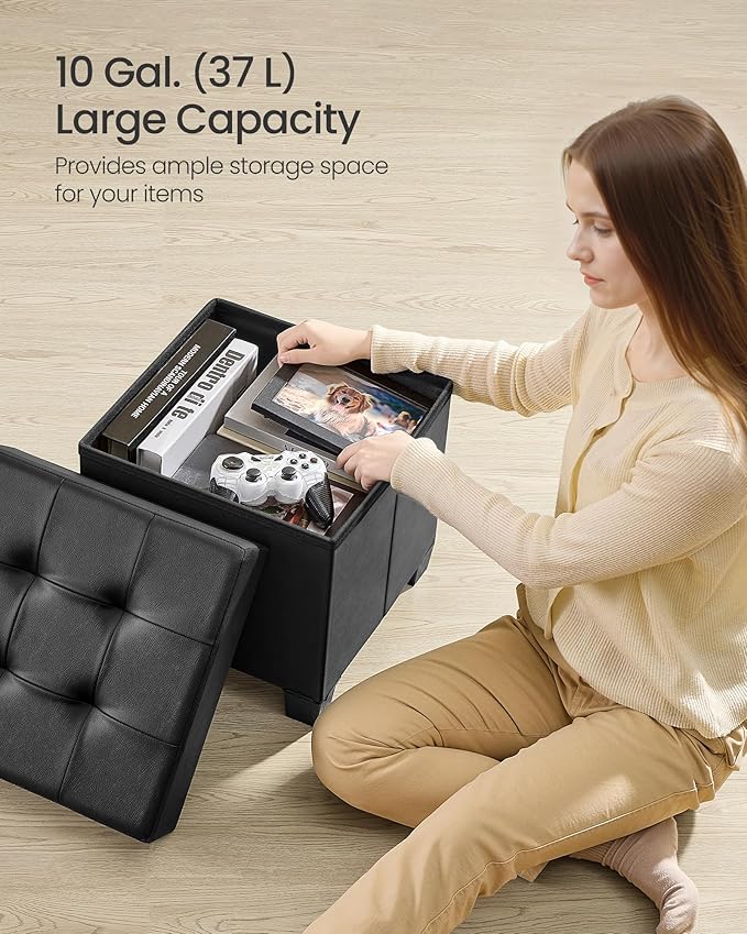 SONGMICS Storage Ottoman, Cube Ottoman with Legs, 15 x 15 x 15.7 Inches, Footstool, Footrest, 10 Gal. (37 L), Synthetic Leather, for Bedroom, Living Room, Dorm, Ink Black ULSF0512B02