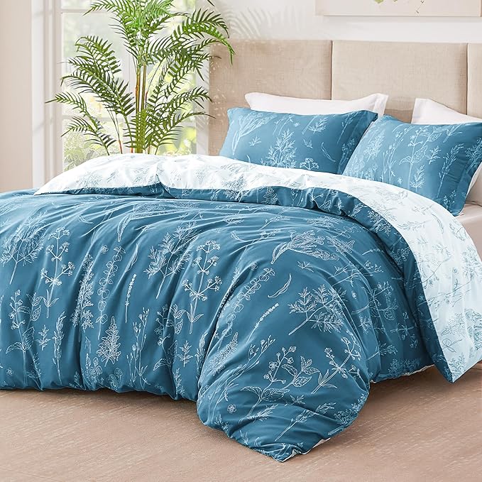 Love's cabin Mineral Blue Comforter Set King - King Size Comforter Set, 3 Pieces Cute Floral Bedding Sets for All Seasons,1 Soft Reversible Botanical Flowers Comforter and 2 Pillow Shams