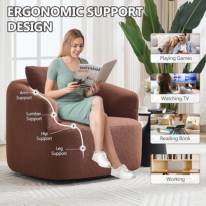 Swivel Accent Chair,360° Rotating Barrel Chair,Teddy Fleece High-Resilience Sponge Single Sofa, Easy Assembly for Living Room, Bedroom, Apartment Brown