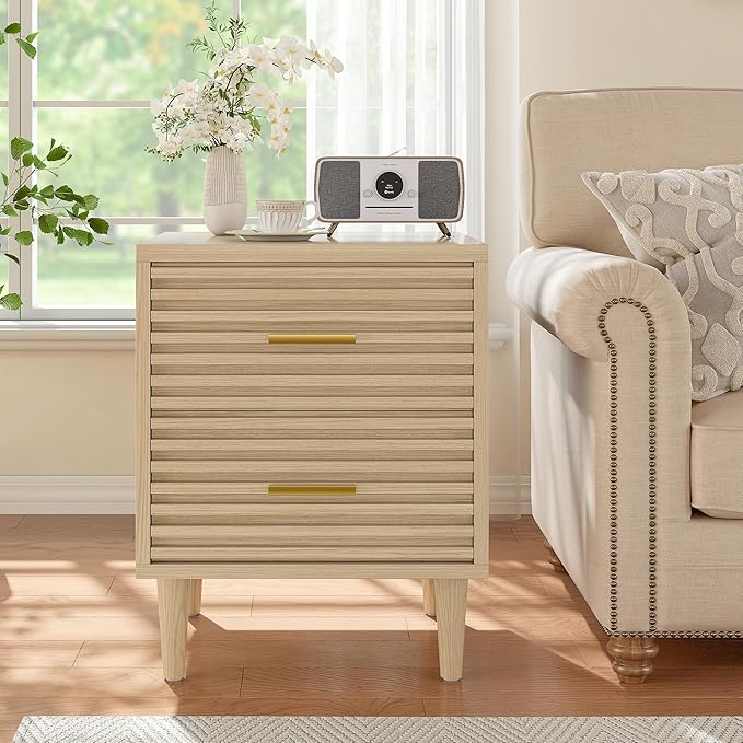 Alohappy Nightstands Set of 2, Bedside Table for Bedroom, End Table with 2 Drawers, Mid Century Modern Bed Side Table with Storage Vintage Wood Accent Table for Living Room, Oak 2pcs