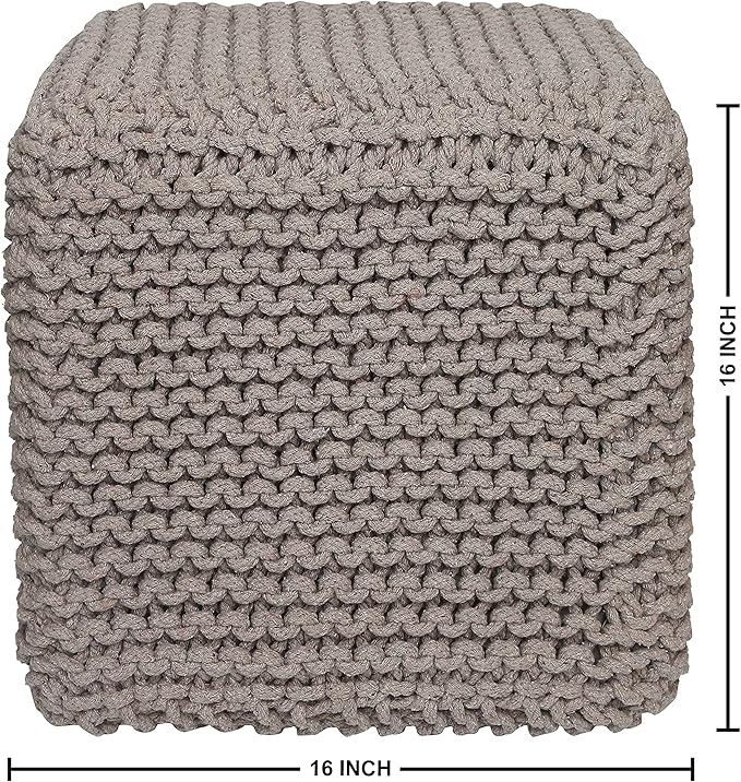 REDEARTH Cube Hand Knitted Pouf - Foot Stool Ottoman - Cord Boho Pouffe - Poof Accent Stuffed Table or Footrest for Living Room - Nursery - Bedroom - Patio - 100% Cotton (16" x 16" x 16") - Taupe