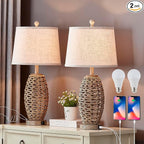 27” Natural Rattan Table Lamps Set of 2,Touch Switch,3-Way Dimmable Bedside Lamps, with A+C USB Charging Ports,Oatmeal Lampshade,Farmhouse Table Lamp for Bedroom, Living Room(2 Bulbs Included)