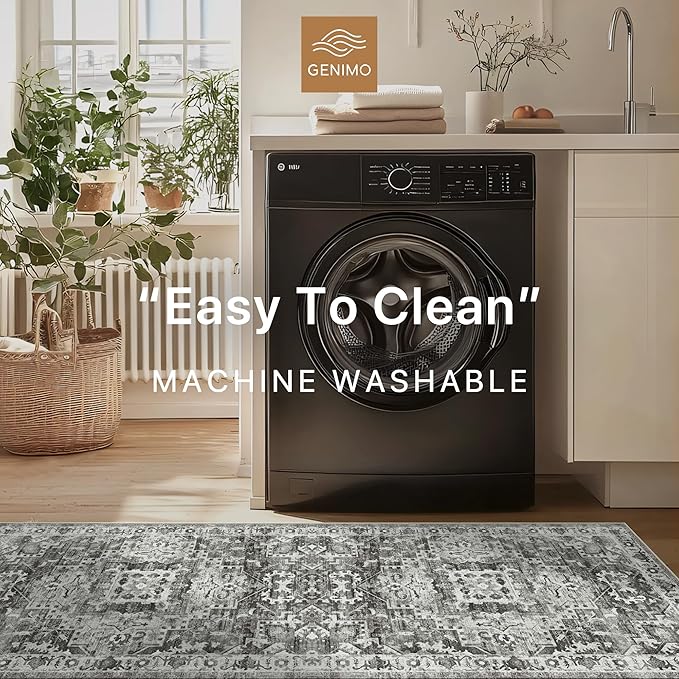 GENIMO Machine Washable 8x10 Area Rugs for Living Room, Non Slip Vintage Rugs, Low Pile Lightweight Chenille Print Rug for Bedroom, Dining Room, Home Office, Deep Gray