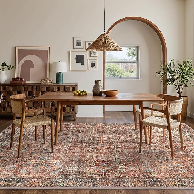 GENIMO 3x5 Area Rugs for Living Room, Machine Washable Non Slip Vintage Rugs, Low Pile Lightweight Chenille Print Rug for Bedroom, Dining Room, Home Office, Terracotta Indigo