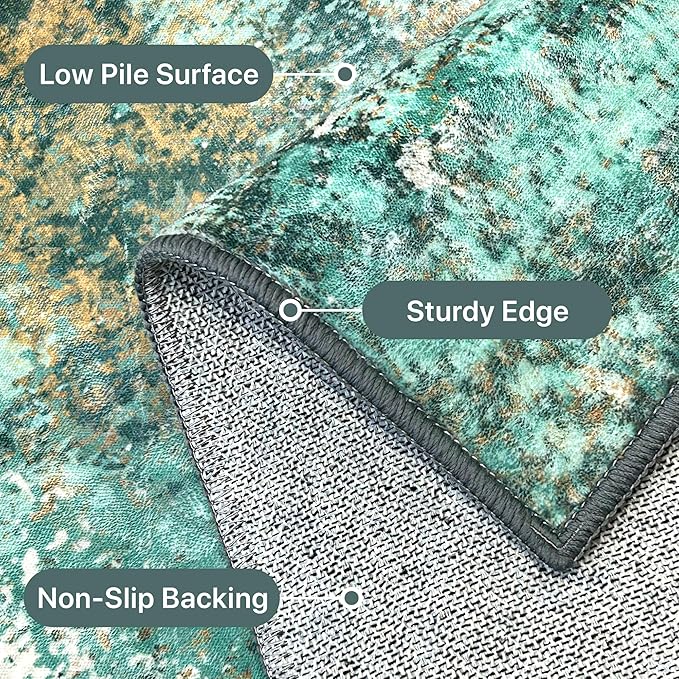 Machine Washable Rug 9x12 Area Rugs for Living Room Bedroom, Large Turquoise Abstract Area Rug Soft Throw Rugs, Low-Pile Floor Carpet with Non Slip Rubber Backing