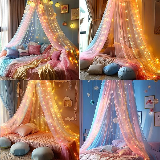 Comtelek Mosquito Net Bed Canopy for Girls,Rainbow Canopy with LED Lights Bed Curtains Full Queen Size from Ceiling,Dome Mosquito Netting Bed Tent Twin Girls Princess Canopy King Bed Decor