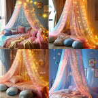 Comtelek Mosquito Net Bed Canopy for Girls,Rainbow Canopy with LED Lights Bed Curtains Full Queen Size from Ceiling,Dome Mosquito Netting Bed Tent Twin Girls Princess Canopy King Bed Decor