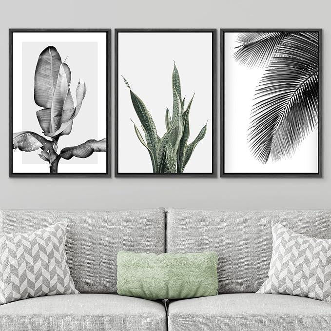 SIGNWIN Framed Canvas Print Wall Art Trio of Jungle Palms & Snake Succulents Floral Plants Photography Modern Art Minimalist Black and White for Living Room, Bedroom, Office - 24"x36"x3 Black