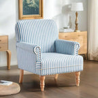 HUIMO Linen Fabric Accent Chair, Mid-Century Modern Armchair with Solid Wood Legs, Single Sofa Chair,Upholstered Reading Club Chair (1, Blue and White Stripe)